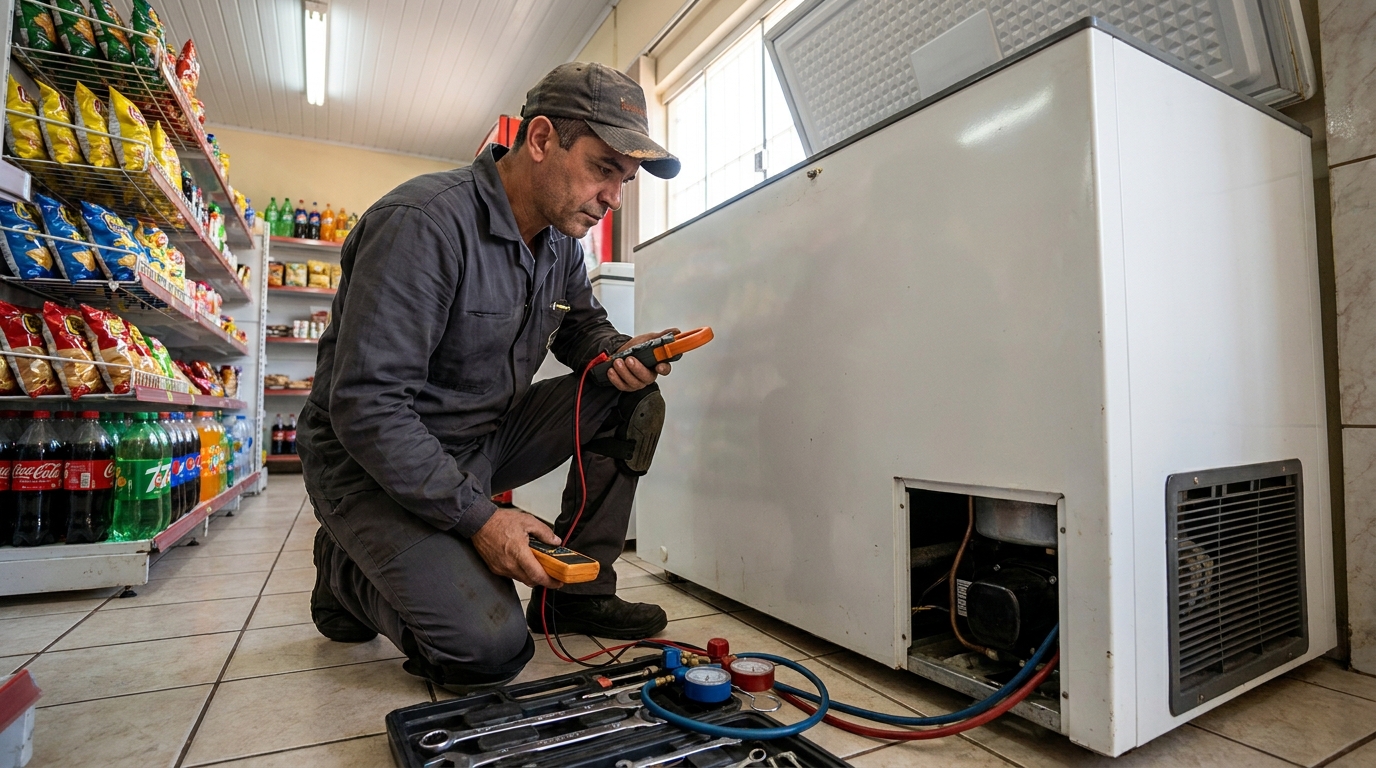 Reparo da placa eletrônica de um freezer em atendimento em Mogi das Cruzes‑SP