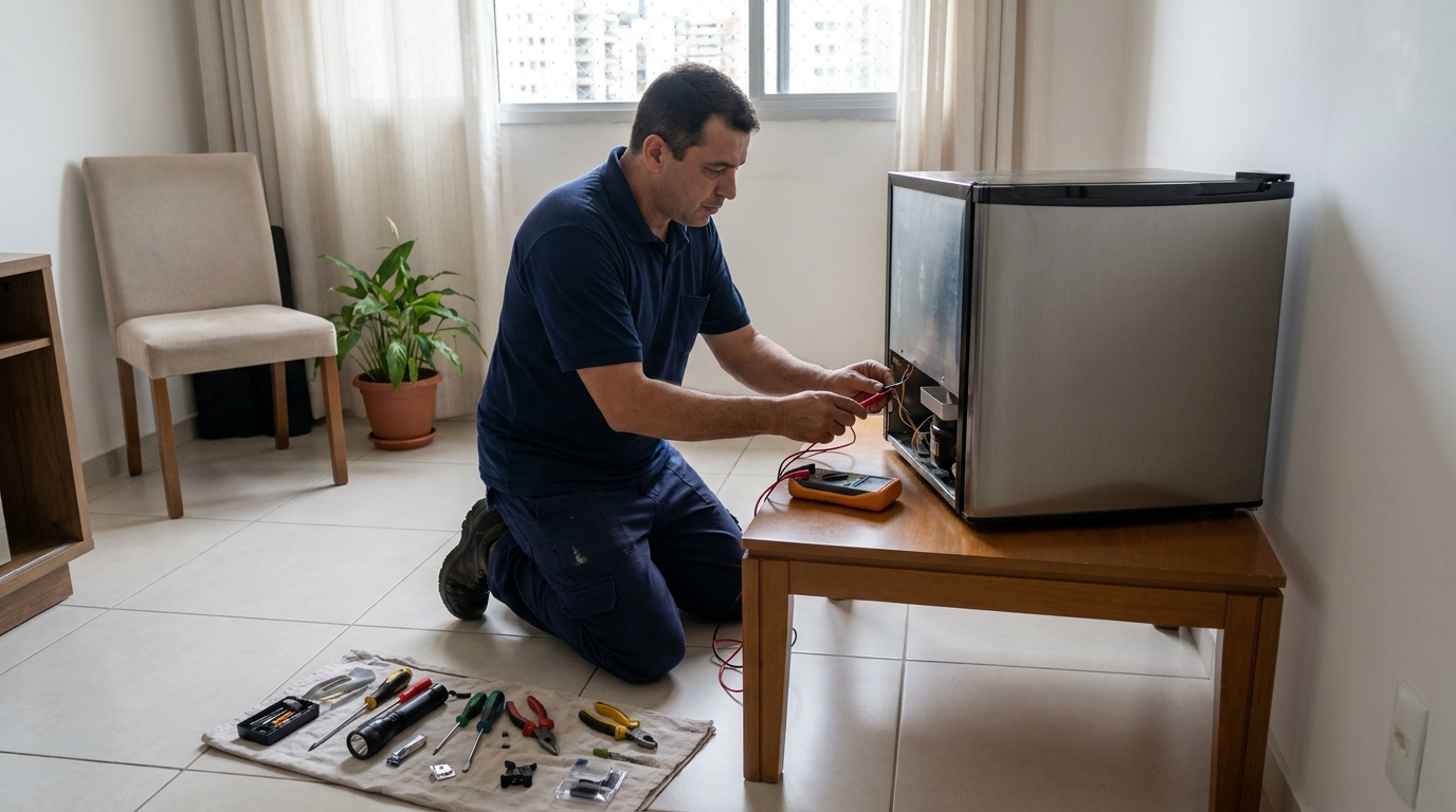 Técnico revisando o motor de um frigobar em Mogi das Cruzes‑SP