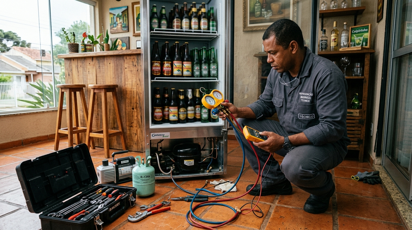 Técnico conferindo a temperatura de uma cervejeira durante atendimento em Mogi das Cruzes‑SP