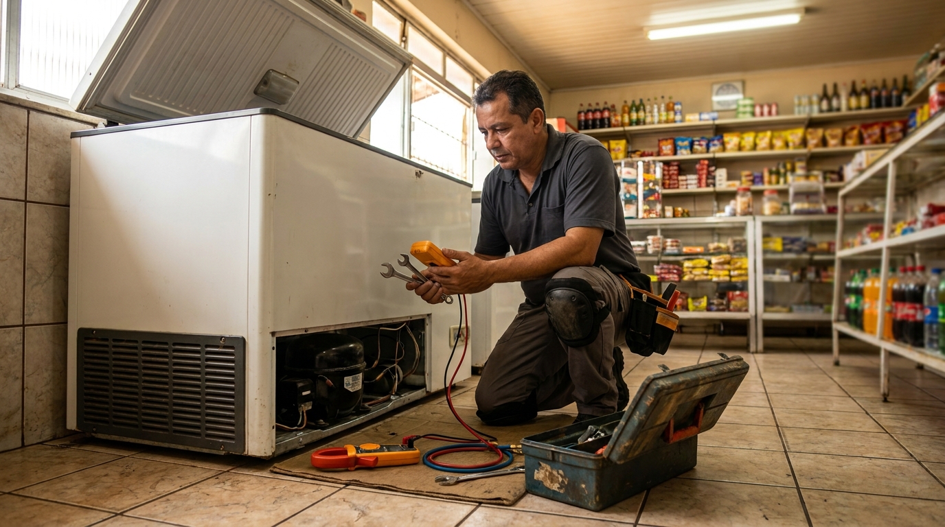 Técnico avaliando um freezer vertical durante atendimento em Mogi das Cruzes‑SP